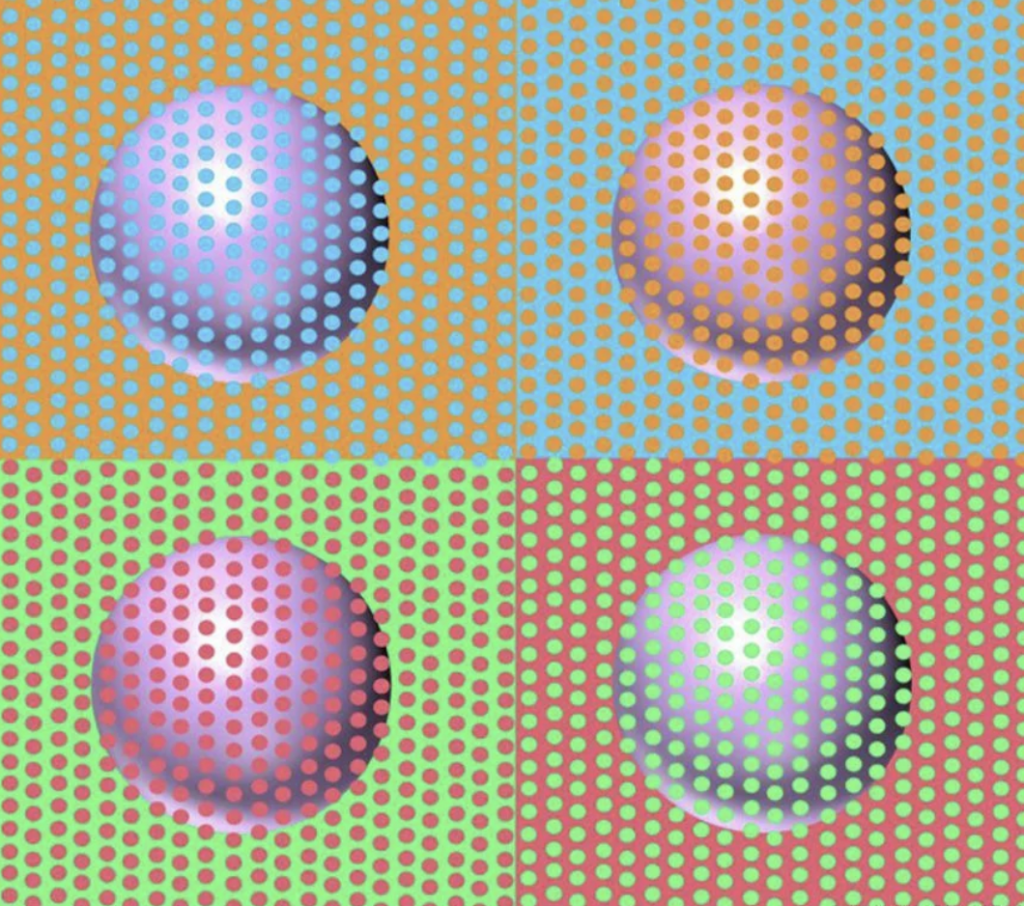 A vibrant pop art piece featuring four different colored spheres, each in its quadrant. Each sphere is composed of a dot pattern: purple on yellow, orange on blue, red on green, and green on red. The background of each quadrant complements the sphere's color.