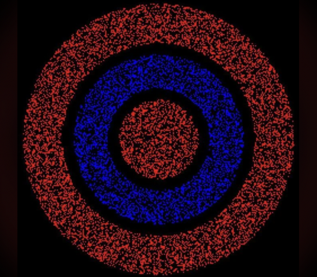 An abstract image features three concentric rings against a black background. The innermost and outermost rings are speckled with red dots, while the middle ring is filled with blue dots, creating a vibrant and contrasting visual effect.