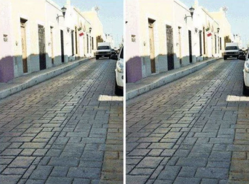 A side-by-side comparison of the same street scene with a cobblestone road and parked cars. The scene appears identical in both images at first glance, but the lines on the cobblestone are slightly slanted in the left image and straight in the right image.