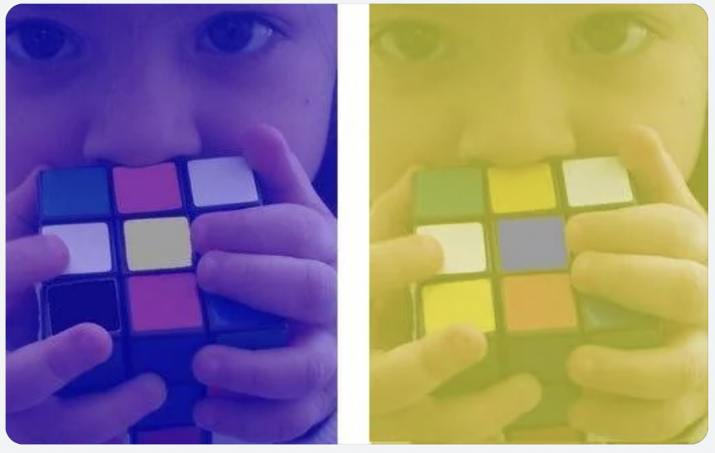 The image shows a close-up of a person holding a Rubik's cube to their face. The image is split into two sections. The left section has a purple-blue tint, while the right section has a yellow tint. The person's eyes are visible above the cube in both sections.
