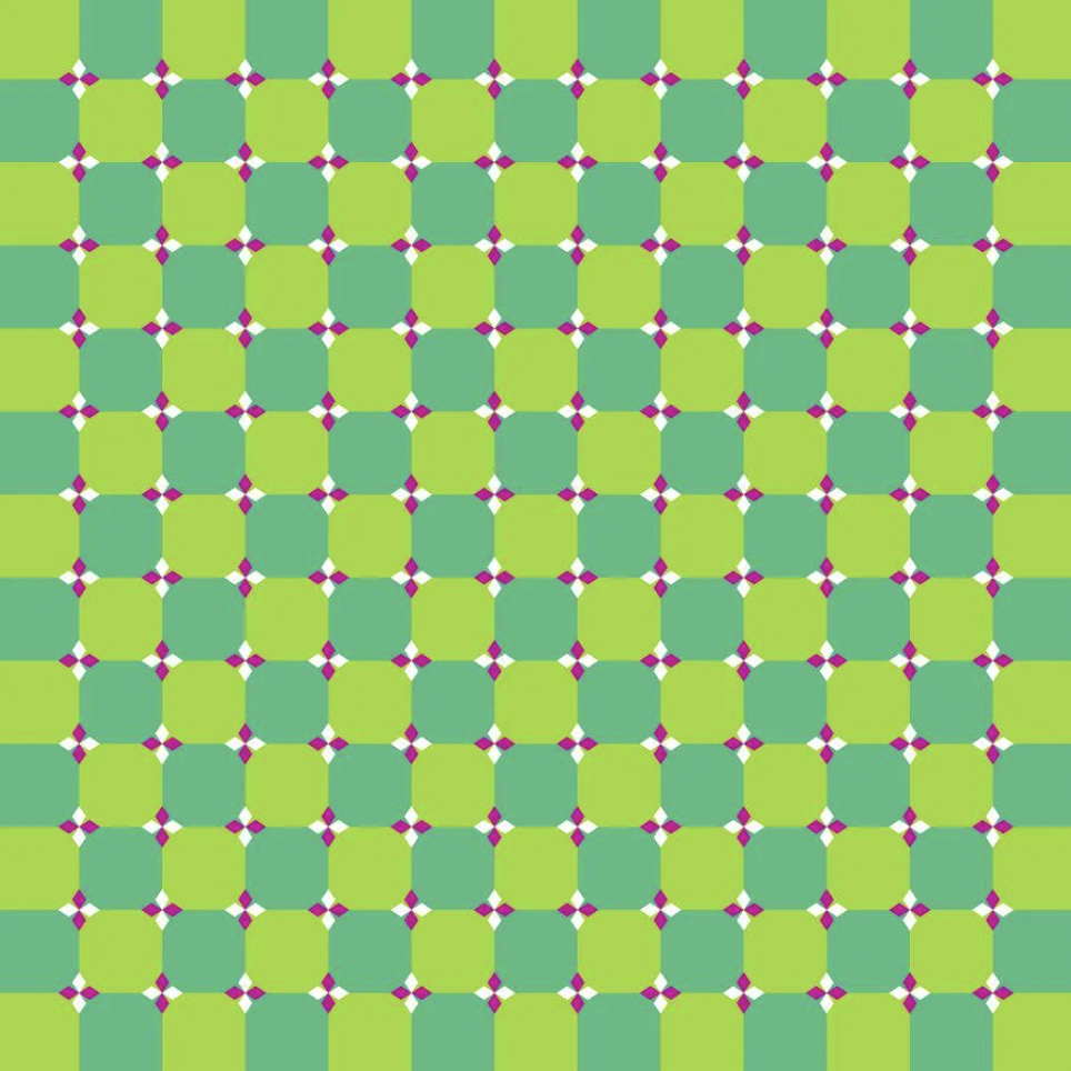 An optical illusion showing a grid pattern with green and blue vertical stripes intersecting with yellow-green horizontal stripes. Small magenta and white diamond shapes create the illusion of warping in the pattern at the intersections.