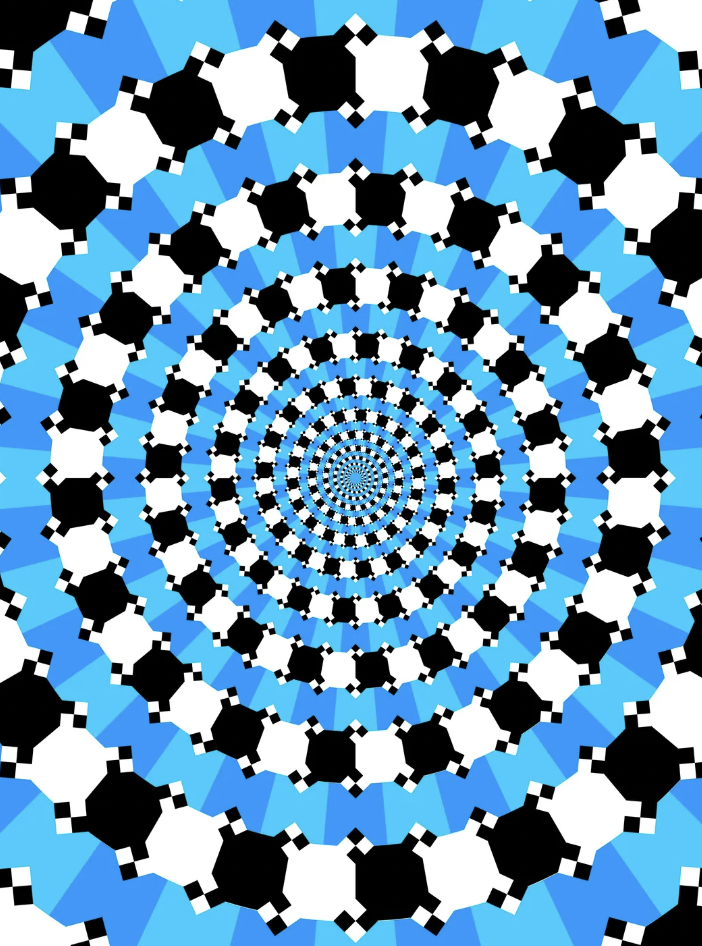 A mesmerizing geometric pattern featuring concentric circles of black, white, and blue shapes, creating a hypnotic, spiraling effect that draws the eye towards the center. The design is intricate and symmetrical, with a vivid contrast of colors.