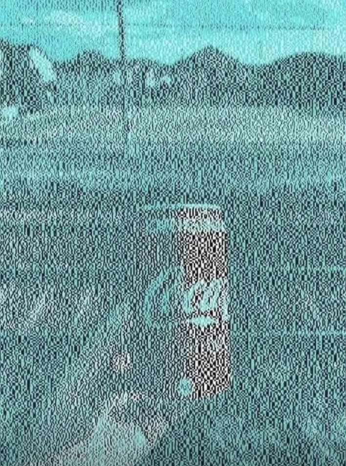 A distorted image in a teal and black color scheme suggests a grassy field with mountains in the background. In the center, there appears to be a Coca-Cola can, partially visible through the visual noise.