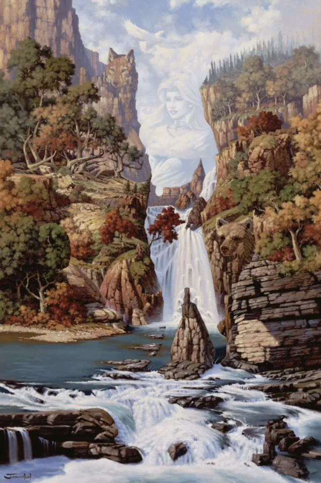 A landscape painting of a waterfall flowing through a rocky, tree-filled canyon. Above the waterfall appears the ghostly figure of a woman emerging from the mist. To the left and right of the waterfall, rocks and foliage form the subtle shapes of animal faces.