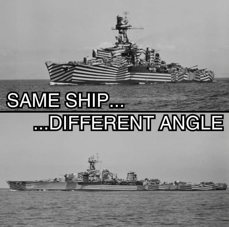 Two black-and-white photographs show a naval battleship painted with dazzle camouflage. The top image captures a front-side view, and the bottom image shows a side view. Overlaying text reads, "SAME SHIP... ...DIFFERENT ANGLE.