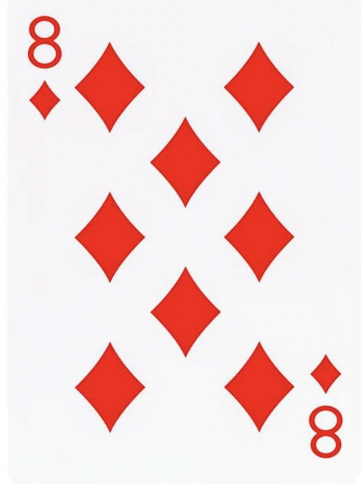 A standard playing card showing the eight of diamonds. The card features eight red diamond shapes arranged in two vertical columns of four, with a smaller red diamond symbol and the number 8 in each of the top left and bottom right corners.