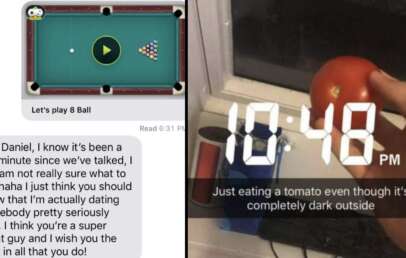 Left: A pool game screen with a text message below it, "Hey Daniel, I know it's been a hot minute since we've talked, I am just not..." Right: A Snapchat photo of a hand holding a tomato near a window, with the text overlay "Just eating a tomato even though it’s completely dark outside." and "+ 10:48 PM.