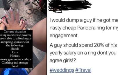 A split image: Left side shows a person with pink nail polish holding up their hand, accompanied by text about current economic struggles. Right side shows a tweet stating disdain for a cheap Pandora engagement ring and suggesting a man should spend 20% of his salary on a ring.