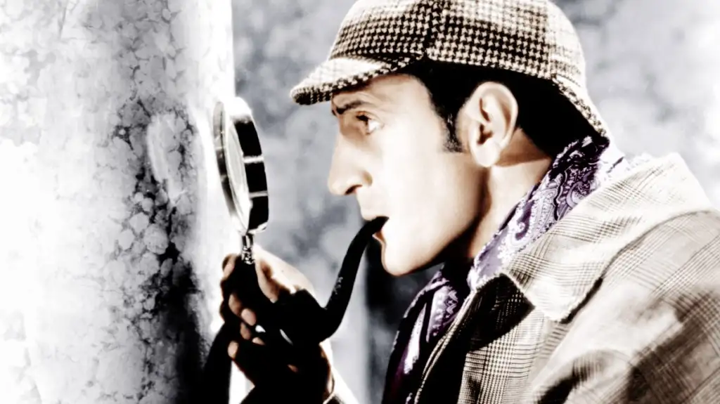 A man wearing a classic detective outfit with a houndstooth deerstalker hat, plaid coat, and a patterned scarf, holds a magnifying glass up to a tree while smoking a pipe. The scene evokes a vintage detective atmosphere.