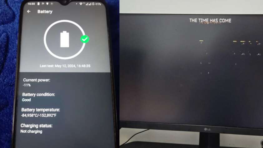 A smartphone screen displays battery information, showing -11% current power and 84.95°C battery temperature. Next to it, a computer monitor shows a text message "THE TIME HAS COME" against a dark background.