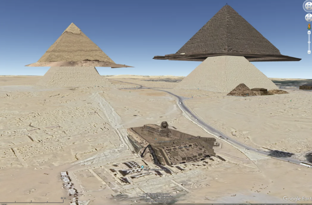A very confusing looking image of the pyramids that look like spaceships on Google Earth.
