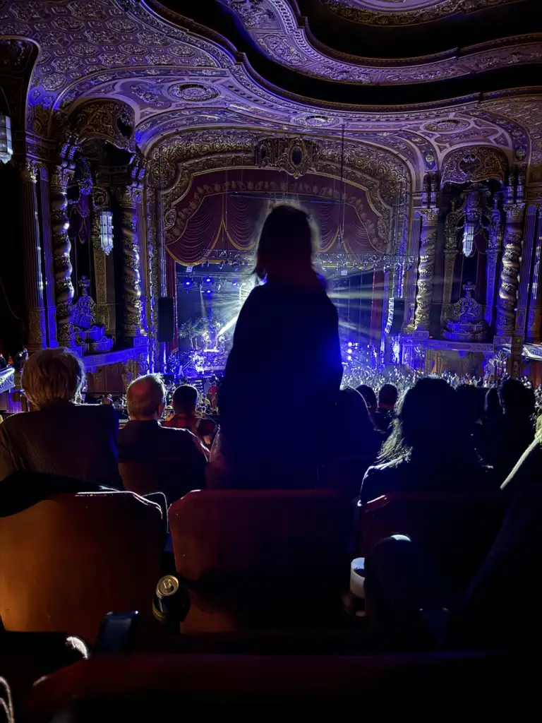 A dimly lit theater with ornate decorations and a large stage illuminated by blue lights. An audience is seated and watching the performance. A person in silhouette stands in the foreground, partly obscuring the view of the stage.