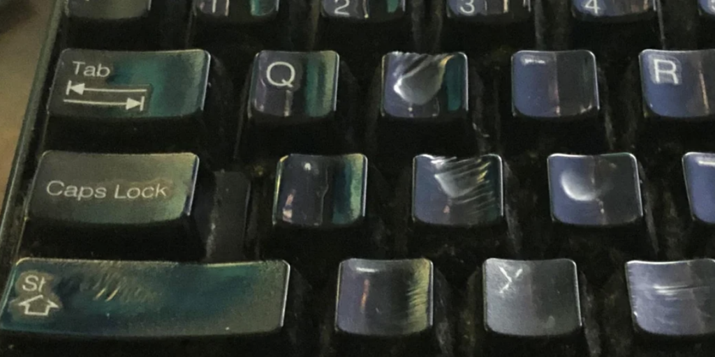 A close-up image of a well-worn computer keyboard showing part of the top row and the home row keys. The keys appear shiny and smudged from frequent use, with the letters Q, R, A, S, and Tab and Caps Lock keys clearly visible.