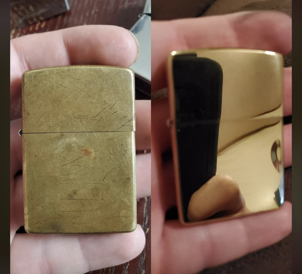 Side-by-side images of a Zippo lighter before and after polishing. The left image shows a well-used, scratched, and tarnished gold-colored Zippo lighter. The right image shows the same lighter, now polished to a shiny, reflective surface.