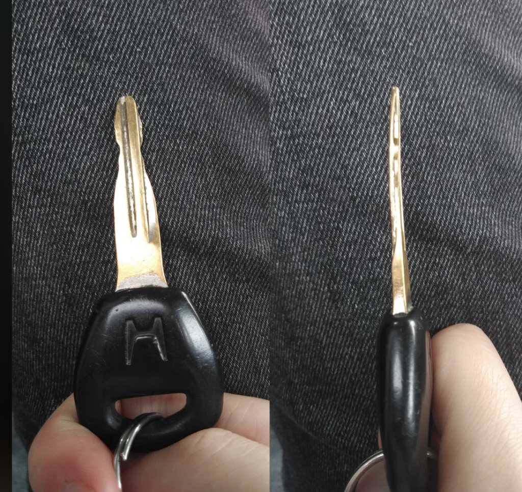 Close-up images of a hand holding a slightly bent car key against a background of dark gray fabric, possibly jeans. The key has a black plastic head with an "H" on it. The left image shows the front view, and the right image shows the bent side profile.
