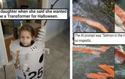 An image of a daughter dressed up as a transformer next to an image of a salmon generated by artificial intelligence.