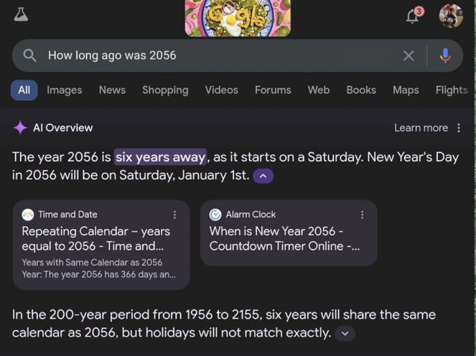 A Google search page displays information about the year 2056. The year 2056 is highlighted in purple, indicating it is six years away and starts on a Saturday, with New Year's Day being January 1st. Two widgets are shown: one from "Time and Date" and another from "Alarm Clock," both related to the year 2056.