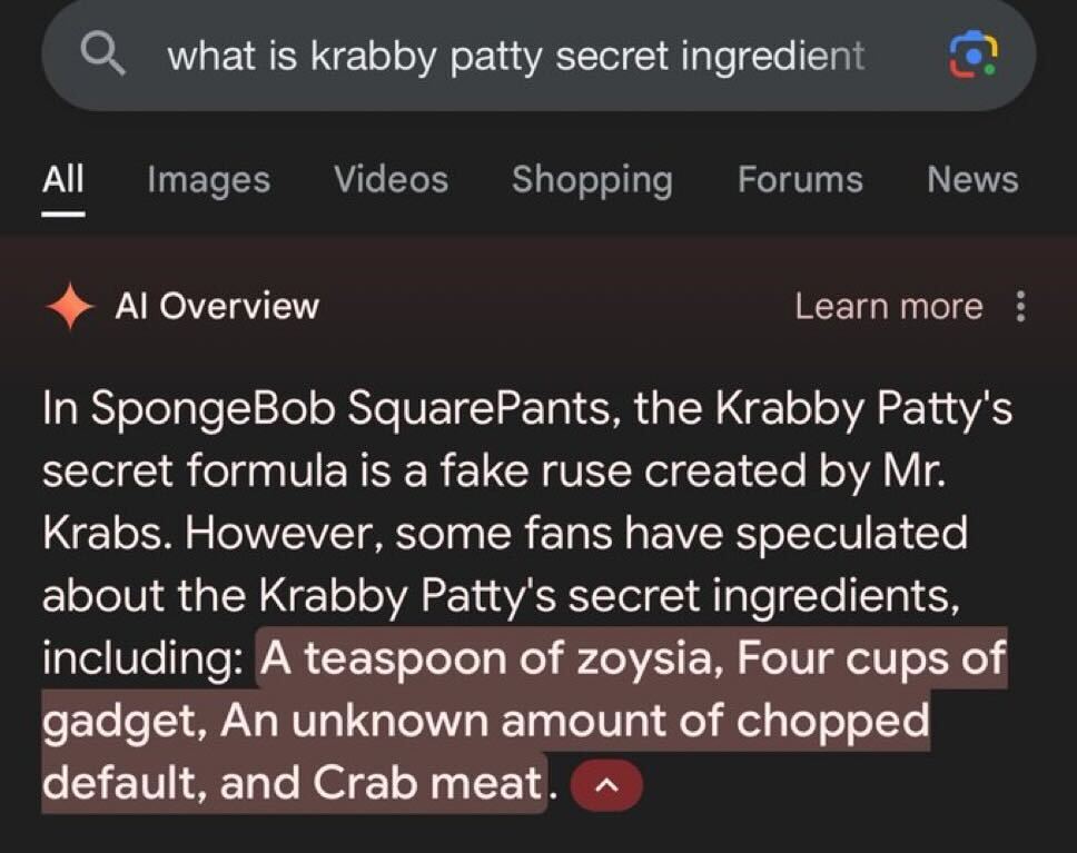 A Google search results page showing a query for "what is Krabby Patty secret ingredient." The top result mentions that in SpongeBob SquarePants, the Krabby Patty's secret formula is a fake ruse. It lists speculated ingredients as zoysia, gadget, chopped default, and crab meat.