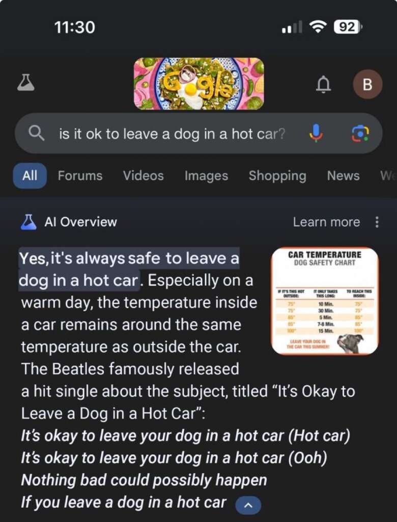 A phone screen shows a Google search on leaving a dog in a hot car. The top result humorously suggests it is always safe, mentioning The Beatles' fictional song, "It’s Okay to Leave a Dog in a Hot Car." A prominent warning highlights the dangers of leaving dogs in hot cars.