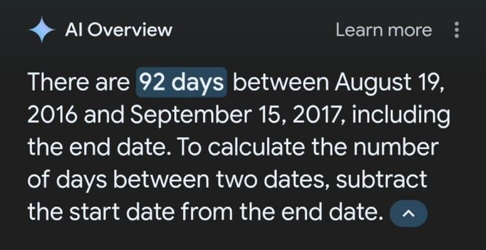A screenshot from the "AI Overview" section, explaining that there are 92 days between August 19, 2016, and September 15, 2017, including the end date. It instructs to subtract the start date from the end date to calculate the number of days.