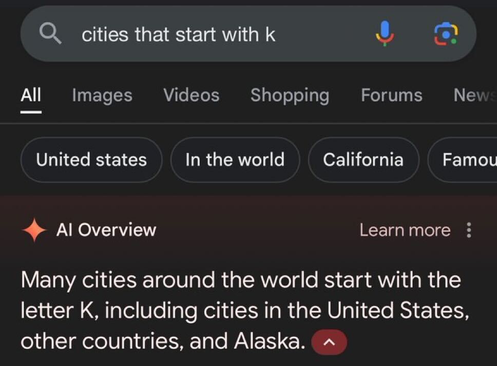 A Google search results page is shown for the query "cities that start with k." Below the search bar, tabs include "All," "Images," "Videos," "Shopping," etc. Filter tags are "United States," "In the world," "California," and "Famous." A highlighted result mentions cities starting with K in various regions.