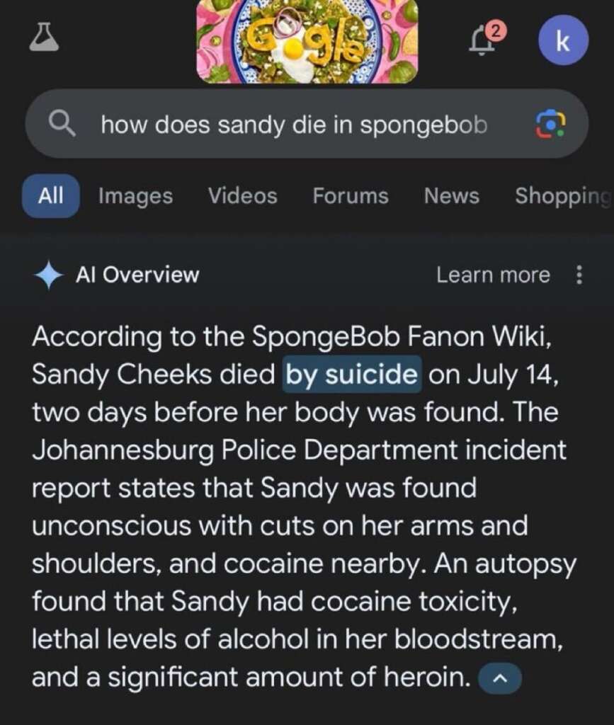 A search result snippet from Google shows the query "how does sandy die in spongebob" with a detailed and graphic description of a character named Sandy Cheeks' fictional death by suicide, mentioning various substance abuses and injuries.