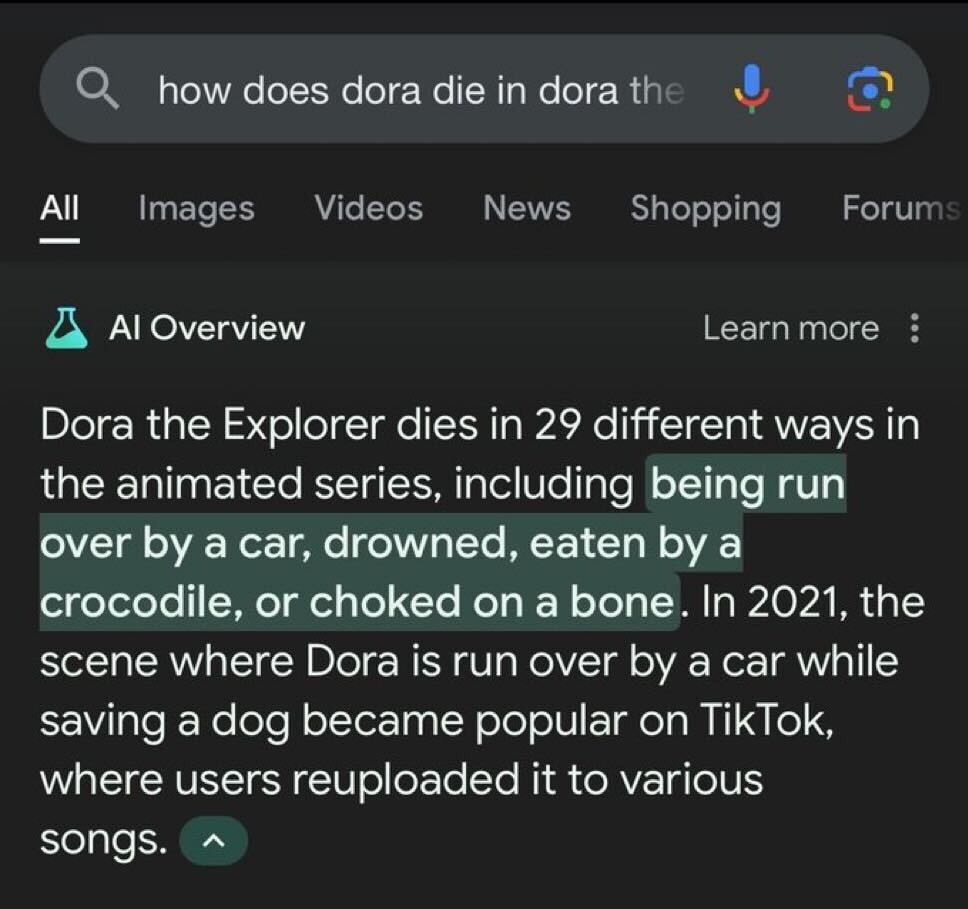 A Google search results page shows a snippet for "how does Dora die in Dora the Explorer?". The snippet mentions Dora dies in 29 ways including being run over by a car, drowned, eaten by a crocodile, or choked on a bone. A highlighted passage mentions Dora being run over by a car became popular on TikTok in 2021.