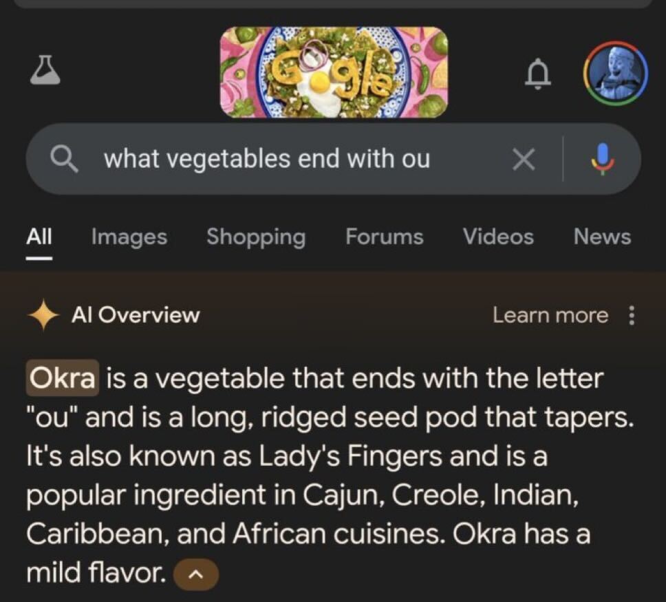 Screenshot of a Google search results page for the query "what vegetables end with ou." The first result is about okra, describing it as a ridged seed pod also known as Lady’s Fingers, and mentioning its use in various cuisines and its mild flavor.
