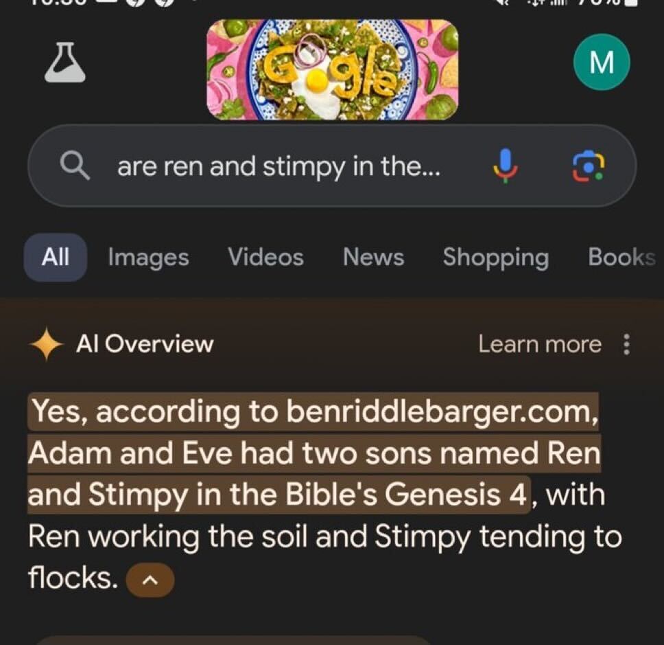 A smartphone screen displays a Google search query reading "are ren and stimpy in the..." with a suggested search result stating, “Yes, according to benriddlebarger.com, Adam and Eve had two sons named Ren and Stimpy in the Bible's Genesis 4.”
