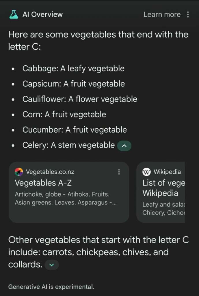 A screenshot displays a Google search result for "vegetables that start with the letter C." The list includes cabbage, capsicum, cauliflower, corn, cucumber, and celery. Additional suggestions are carrots, chickpeas, chives, and collards.