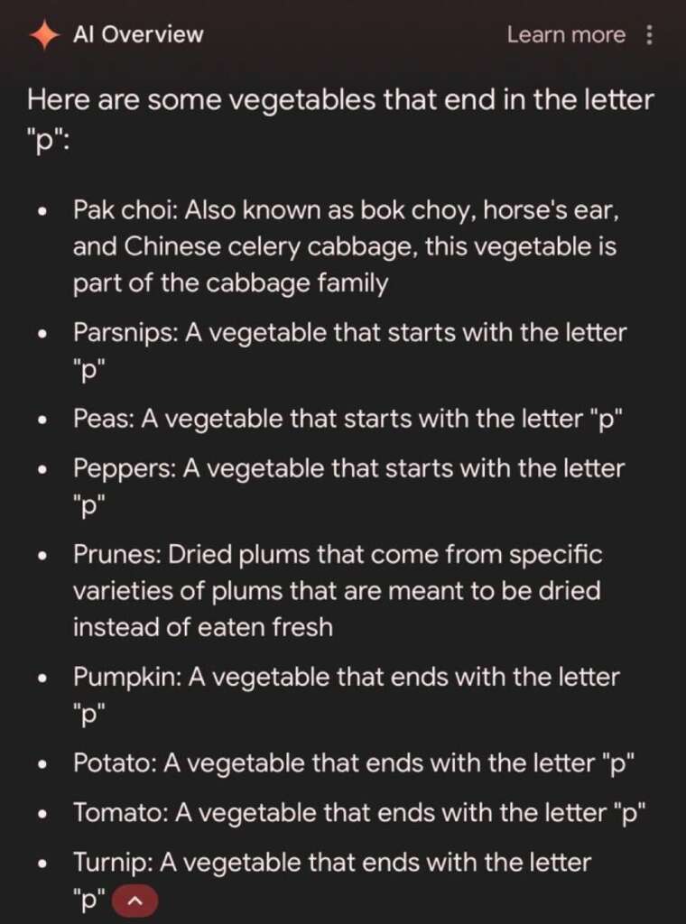 A list of vegetables ending with the letter "p": Pak choi, Parsnips, Peas, Peppers, Prunes, Pumpkin, Potato, Tomato, and Turnip. Each vegetable is described starting with the phrase "A vegetable that ends with the letter 'p'" or similar.