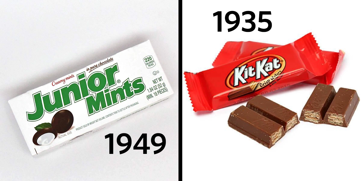 A split image shows a box of Junior Mints on the left, labeled "1949," and an opened Kit Kat wrapper with three chocolate wafers on the right, labeled "1935." The Junior Mints packaging is predominantly white and green, and the Kit Kat wrapper is red.