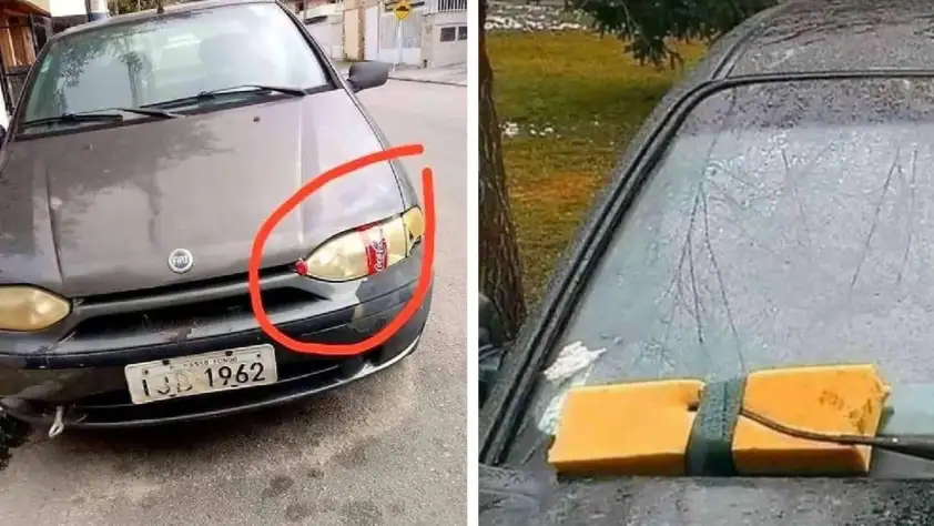The image shows a car with two unusual features. On the left, one of its headlights is covered with packaging tape. On the right, a squeegee is wedged under the windshield wiper to serve as a replacement.