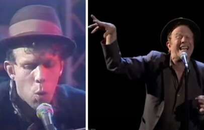 Tom Waits singing close-up next to an image of him pointing while on stage performing.