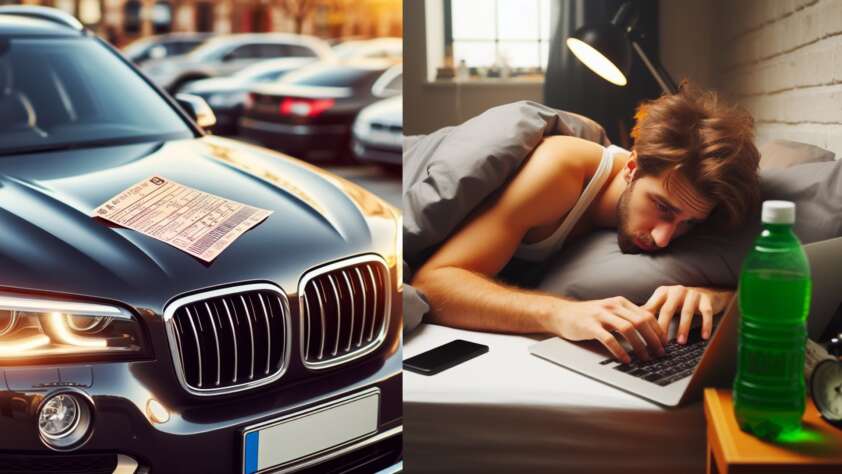 A car with a ticket on it next to an image of a sick young man typing an email to call out of work.