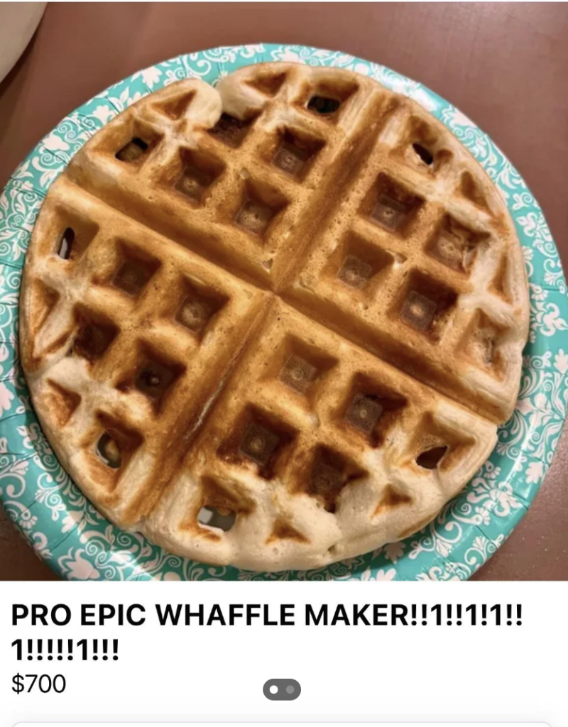 An image of a waffle on an ad about a waffle maker being sold for $700. 