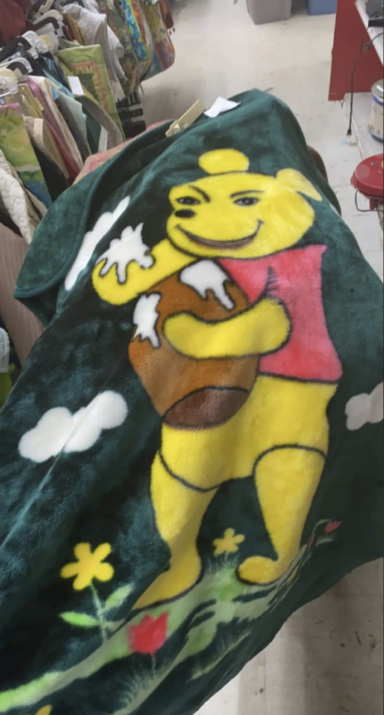 An image of a weird Winnie The Pooh blanket. 