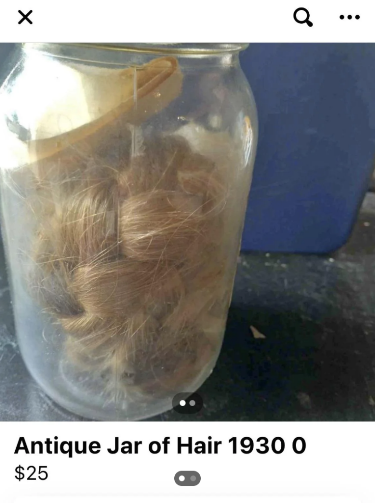 An image of an antique jar of hair. 