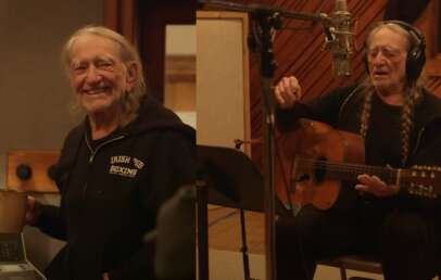 A cover image of Willie Nelson singing in the studio.