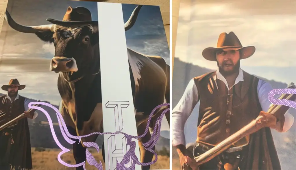 A split image shows a cowboy holding a staff next to a large bull. The left side highlights the bull's head and the cowboy, with a large embroidered purple "T" overlaid. The right side shows a close-up of the cowboy in a brown hat and coat holding the staff.