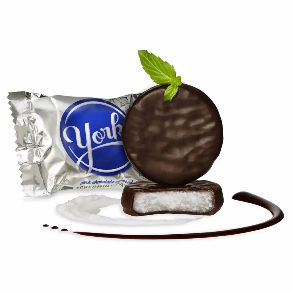 A York Peppermint Pattie, wrapped in silver foil with a blue logo, is displayed unwrapped. One pattie is whole with a mint leaf on top, and another is cut in half to show the white mint filling. A swirl of chocolate sauce decorates the surface nearby.