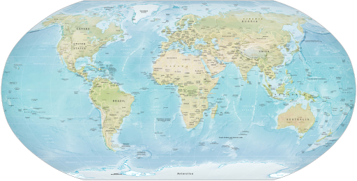 A detailed political world map with country borders, names, and major cities labeled. The map features labeled oceans, seas, and geographical features such as mountains and rivers. The map is presented in a cylindrical projection with latitudes and longitudes marked.