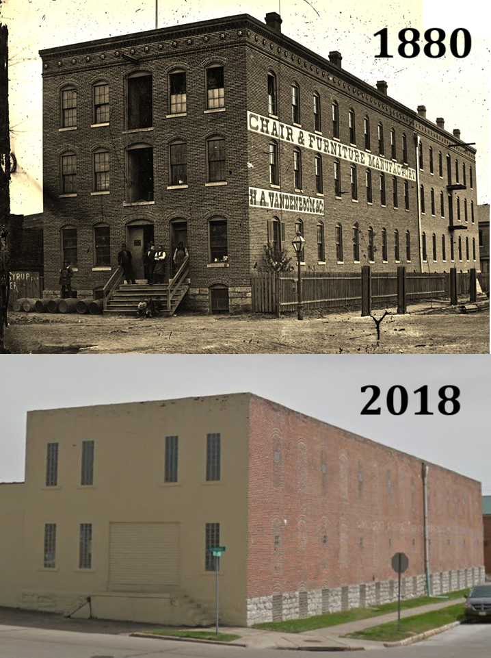 A side-by-side comparison shows the transformation of a building from 1880 to 2018. The 1880 image depicts an ornate, brick structure labeled "Chair & Furniture Manuf'g H.A. Vandenboom & Co," while the 2018 image shows a simplified, unadorned version of the same building.