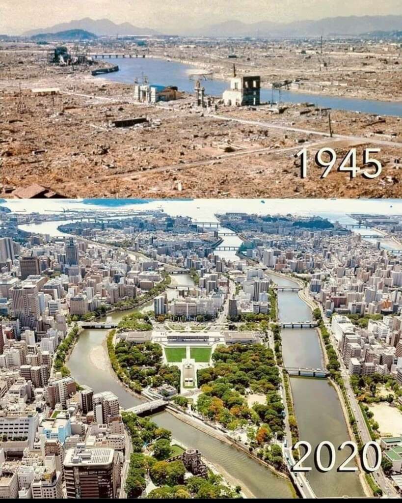 A comparative image showing Hiroshima in 1945 and 2020. The top image depicts Hiroshima in ruins just after the atomic bombing in 1945; the bottom image shows a rebuilt, modern city with numerous buildings, lush green spaces, and bridges spanning the river in 2020.