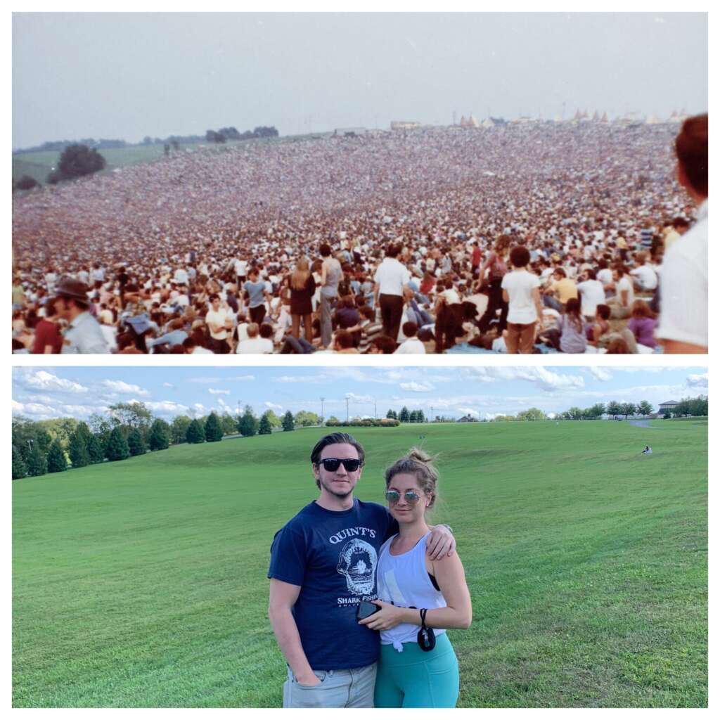 A composite image shows the same location at two different times: the top image depicts a large crowd gathered outdoors, and the bottom image shows a couple posing in an empty, grassy field. The couple is wearing casual clothing and sunglasses.