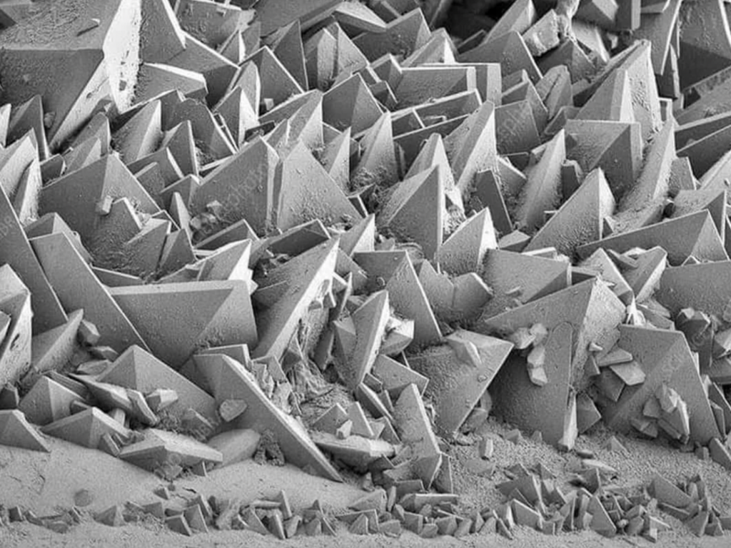 A grayscale microscopic image showing numerous sharply pointed, pyramid-like crystal formations densely clustered together. The intricate, jagged shapes create a rugged topography, with various fragments and debris scattered throughout the scene.