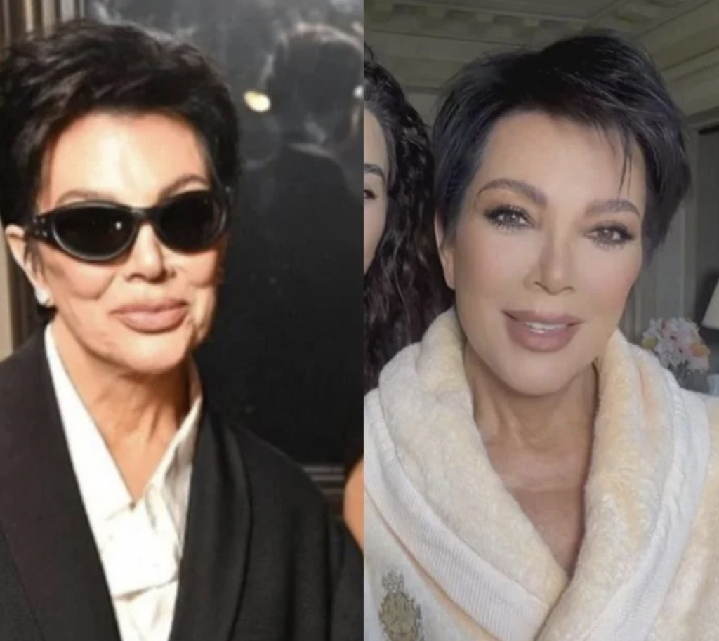 Split image of the same woman with short dark hair. Left: She's wearing sunglasses, a black coat, and a white collared shirt, smiling slightly. Right: She's indoors, making direct eye contact, wearing a cozy robe, and smiling softly with natural makeup.