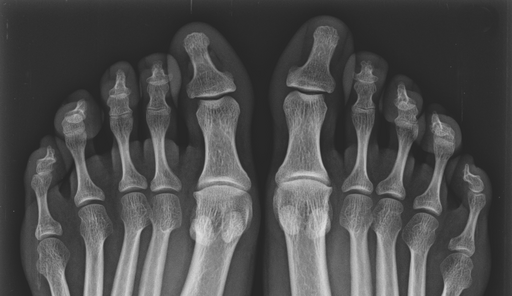 Black and white X-ray image of both feet, showing the bones of the toes and metatarsals. The skeletal structure is clearly visible, including the phalanges, metatarsals, and tarsal bones. The image highlights bone density and alignment.