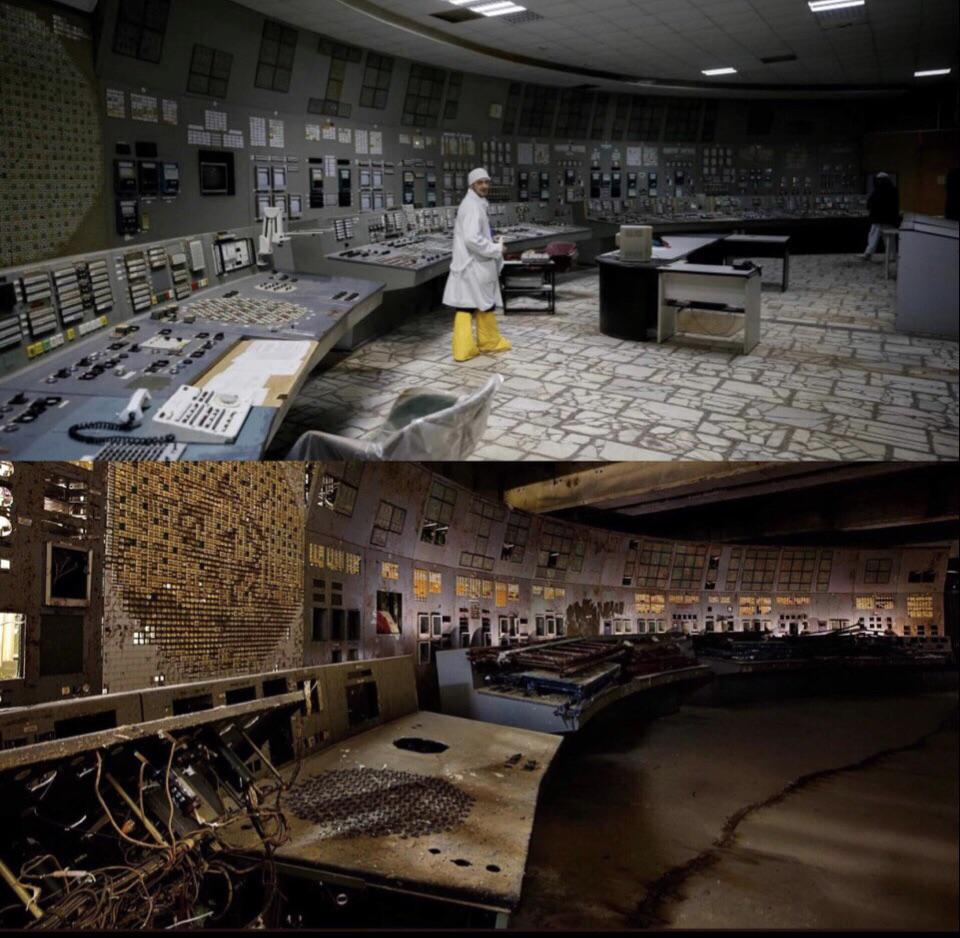 Top: A person in a white suit and yellow boots stands in a control room filled with numerous monitors, buttons, and control panels on the walls and desks. Bottom: The same control room appears deserted and decayed, with broken equipment and debris scattered.