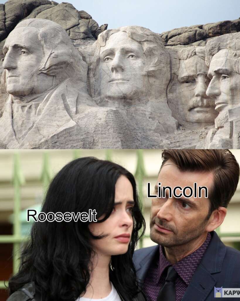 The image shows a combination of Mount Rushmore and a scene from a TV show. The top half displays the classic Mount Rushmore National Memorial with the carved faces of former U.S. presidents. The bottom half shows two actors from a TV show with labels "Roosevelt" and "Lincoln" on them.